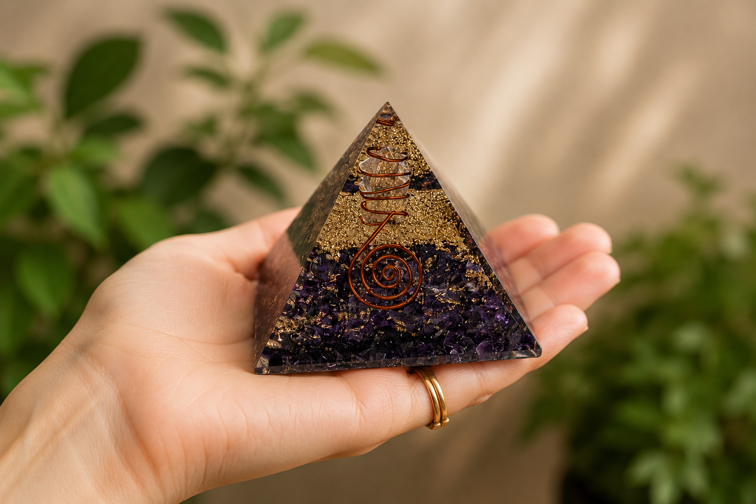 Hand holding amethyst orgonite pyramid featuring copper spiral and crystal layers for size reference.