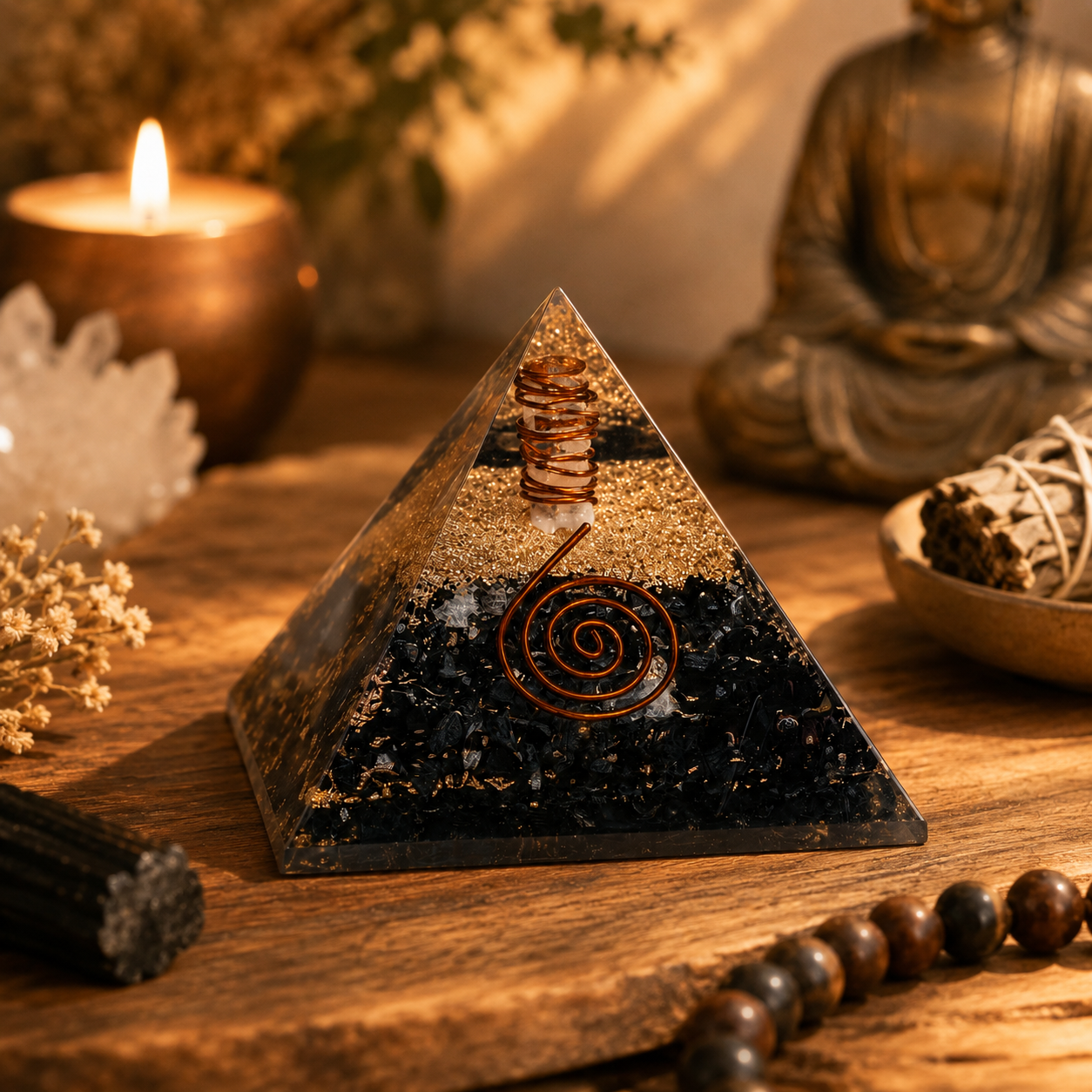 Black tourmaline orgonite pyramid styled in warm meditation space with candles, crystals, and calming spiritual décor.