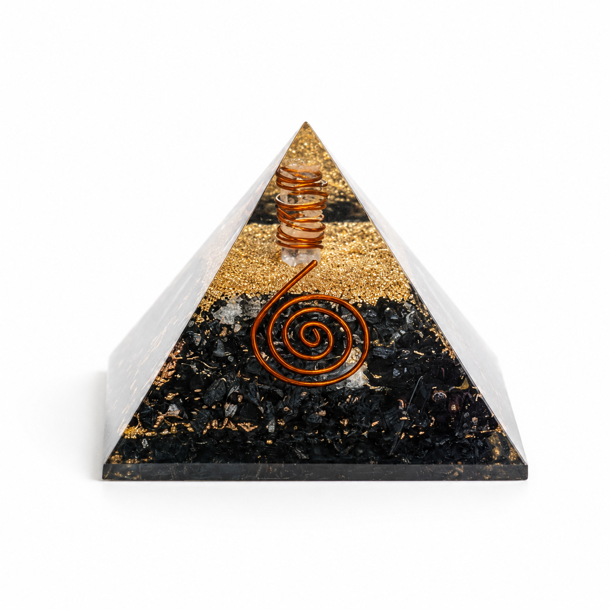 Black tourmaline orgonite pyramid with copper spiral and crystal layers on clean white background by Journey of Atman.