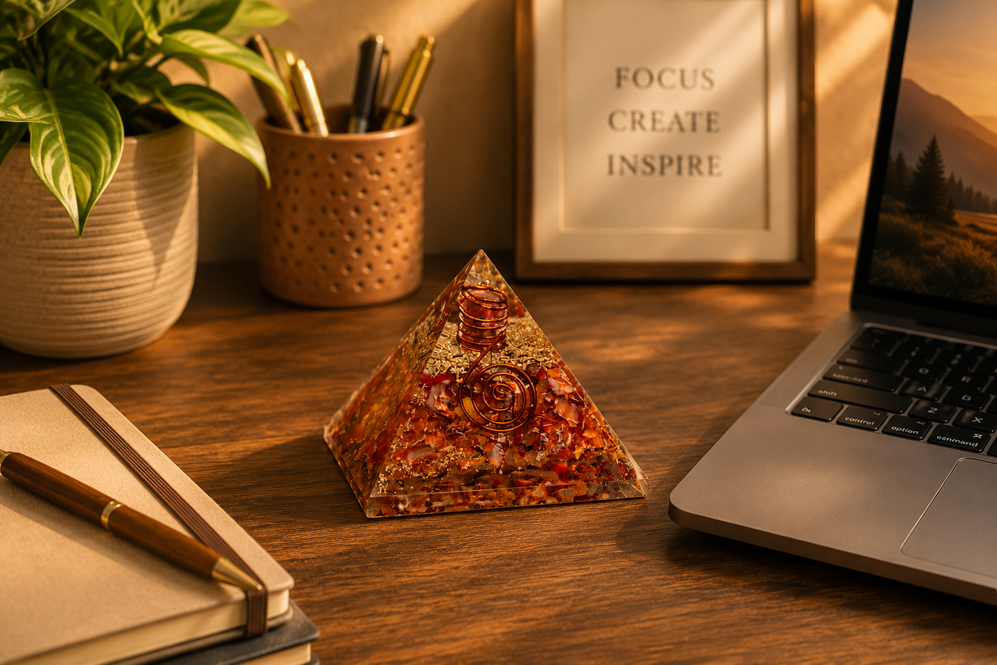 Carnelian orgonite pyramid displayed on mindful workspace desk with notebook, plant, and warm natural lighting.