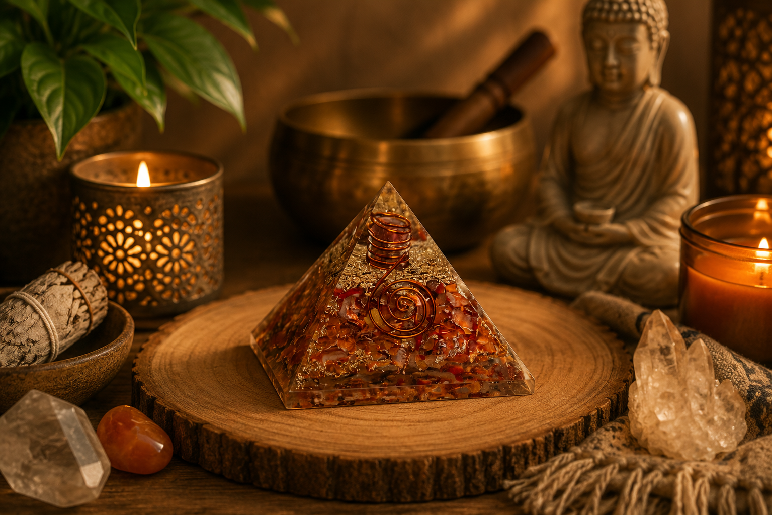 Carnelian orgonite pyramid styled in warm meditation space with candles, crystals, and calming spiritual décor.