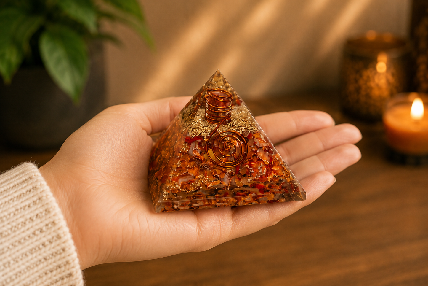Hand holding carnelian orgonite pyramid featuring copper spiral and crystal layers for size reference.