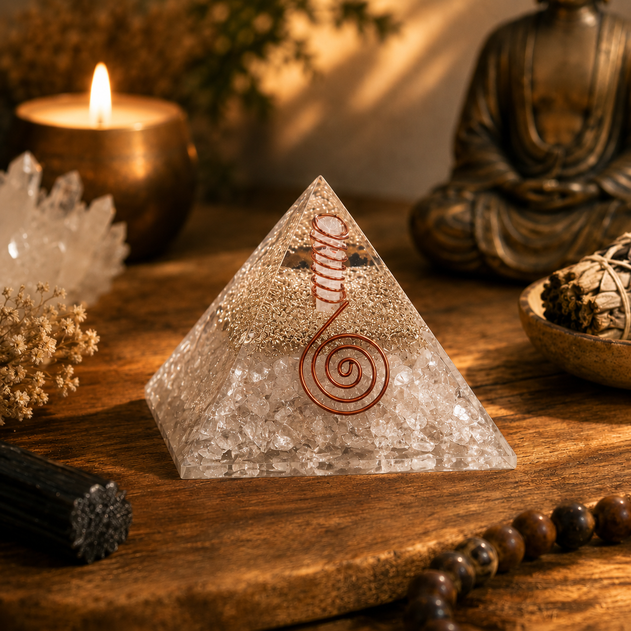 Clear quartz orgonite pyramid styled in warm meditation space with candles, crystals, and calming spiritual décor.
