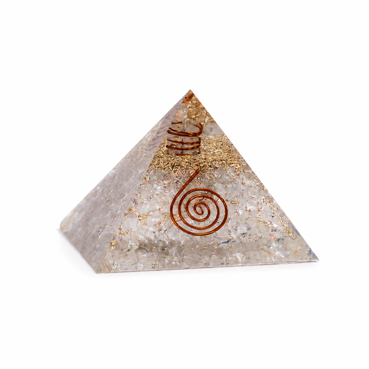 Clear quartz orgonite pyramid with copper spiral and crystal layers on clean white background by Journey of Atman.