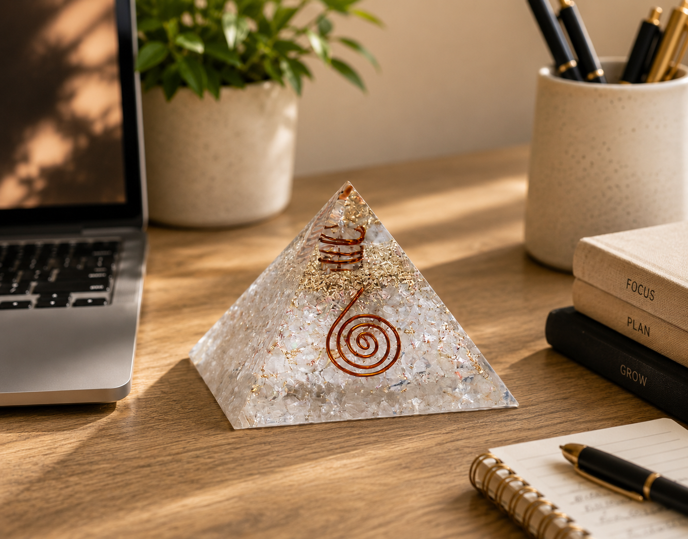 Clear quartz orgonite pyramid displayed on mindful workspace desk with notebook, plant, and warm natural lighting.