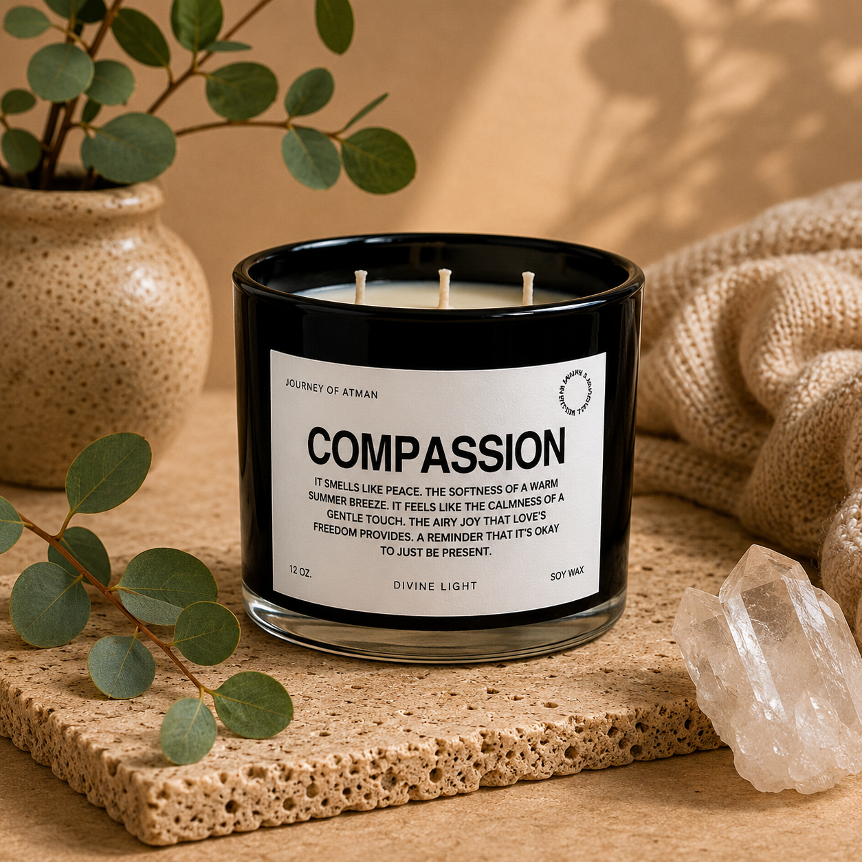 Compassion affirmation candle in warm lifestyle setting with crystal, eucalyptus, and soft neutral décor supporting kindness, emotional healing, and self-compassion.