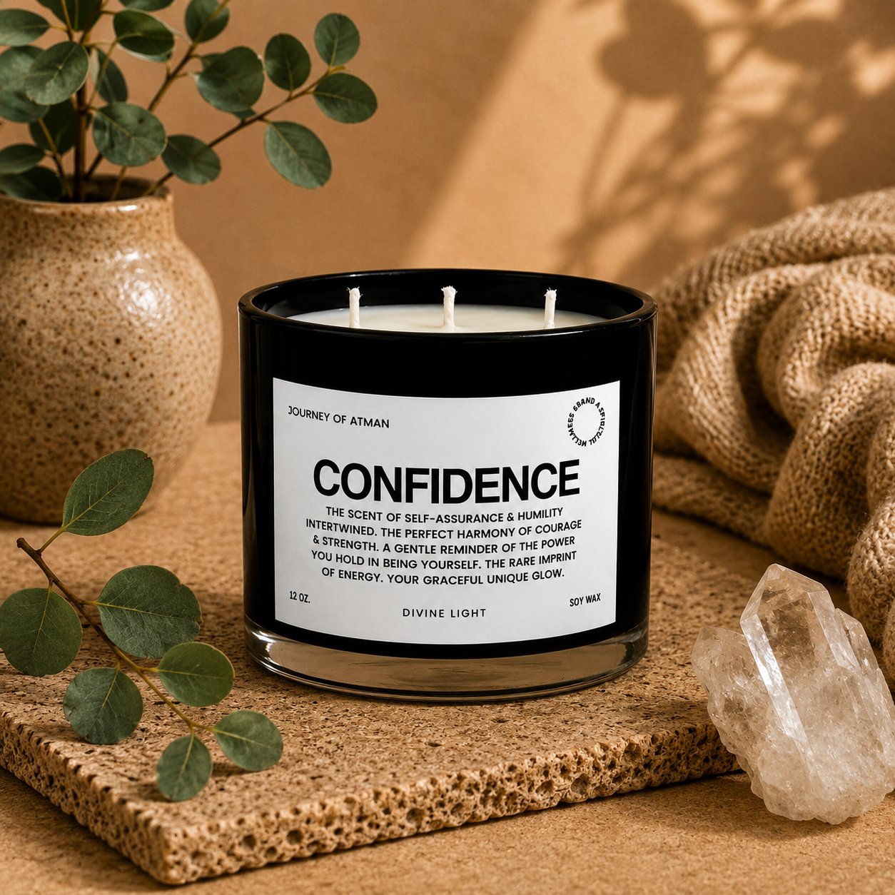 Confidence affirmation candle in warm lifestyle setting with crystal, eucalyptus, and calming neutral décor supporting self-assurance, courage, and empowerment.