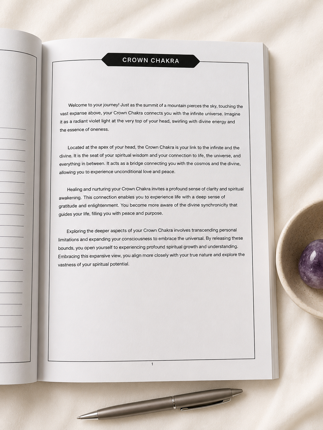 Crown Chakra informational journal page photographed in elegant neutral flat lay with soft lighting and spiritual wellness aesthetic.