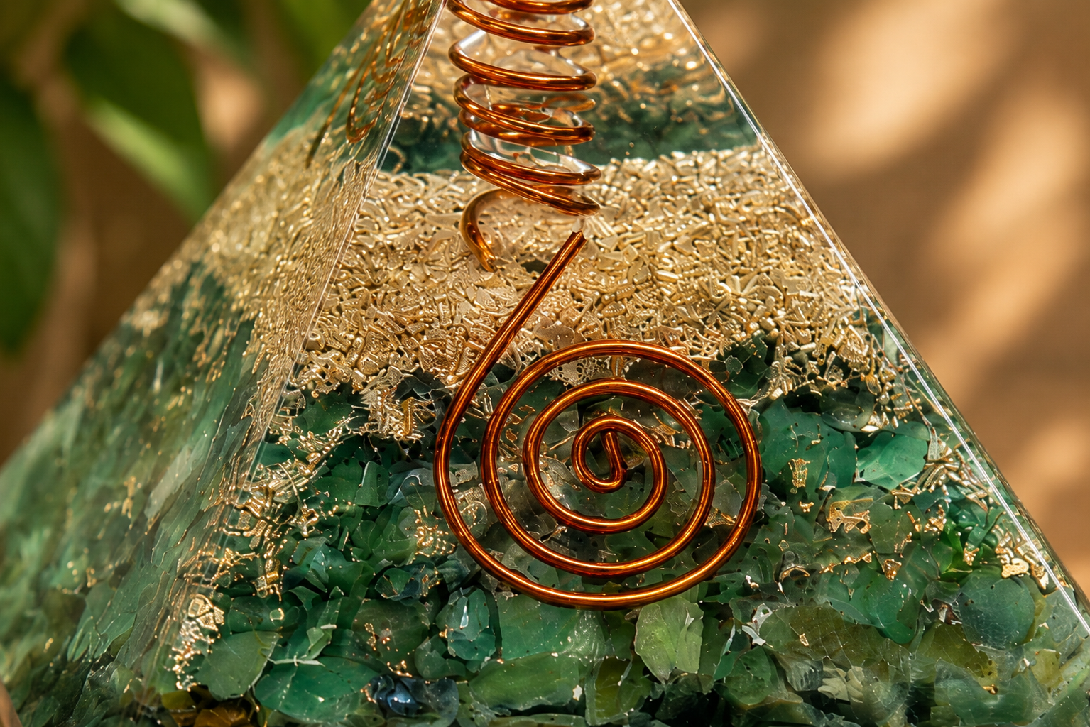 Close-up detail of green aventurine orgonite pyramid featuring crystal texture, copper coil, and resin craftsmanship.
