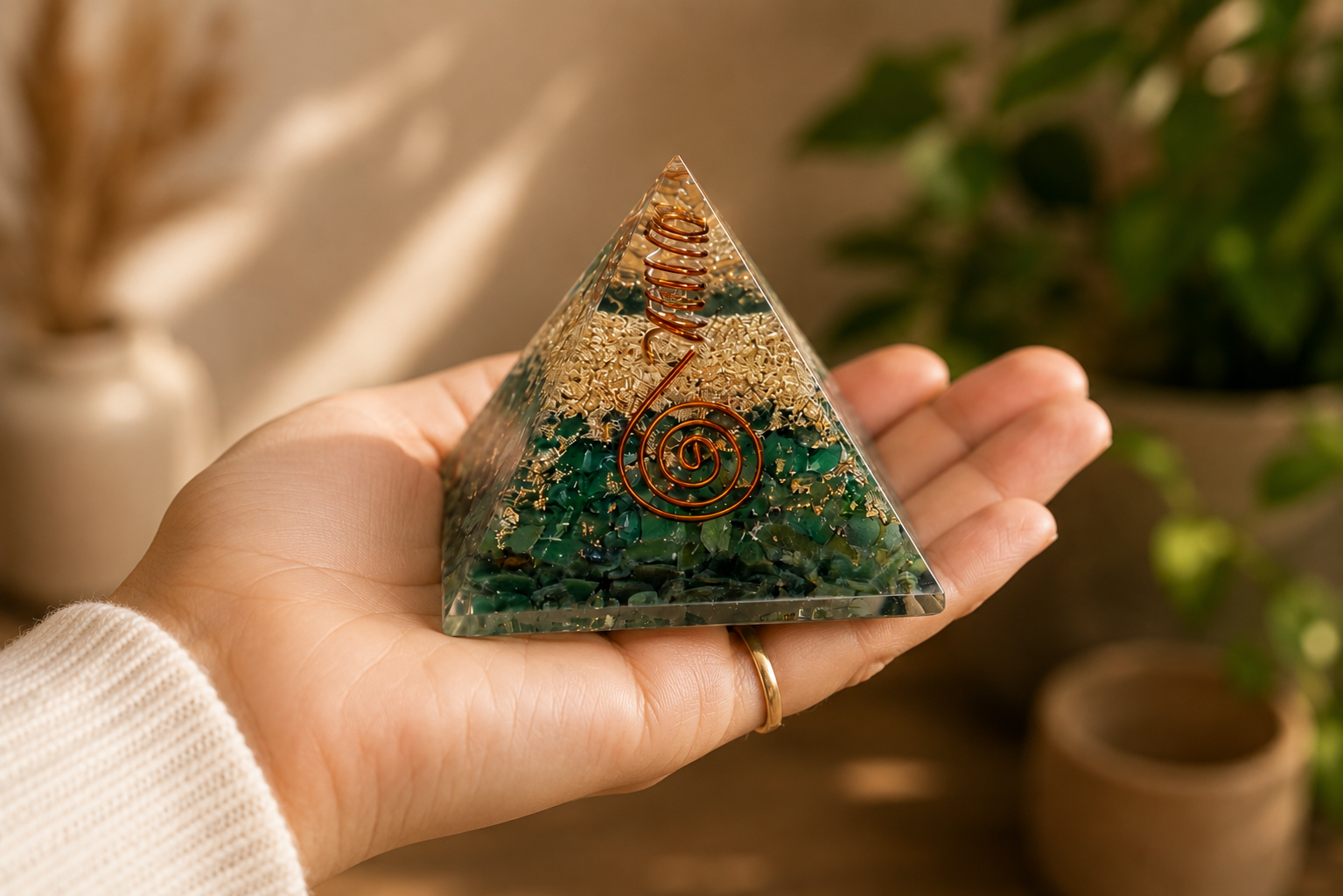 Hand holding green aventurine orgonite pyramid featuring copper spiral and crystal layers for size reference.