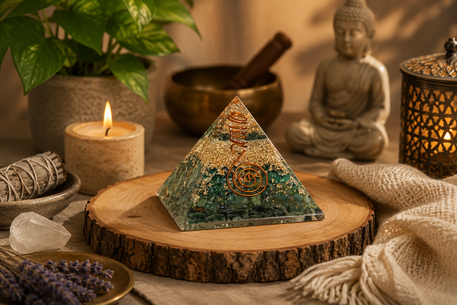 Green aventurine orgonite pyramid styled in warm meditation space with candles, crystals, and calming spiritual décor.