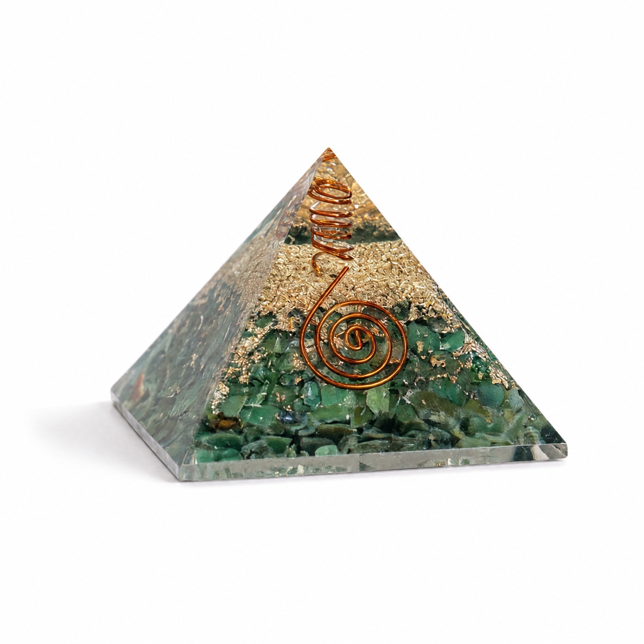 Green aventurine orgonite pyramid with copper spiral and crystal layers on clean white background by Journey of Atman.