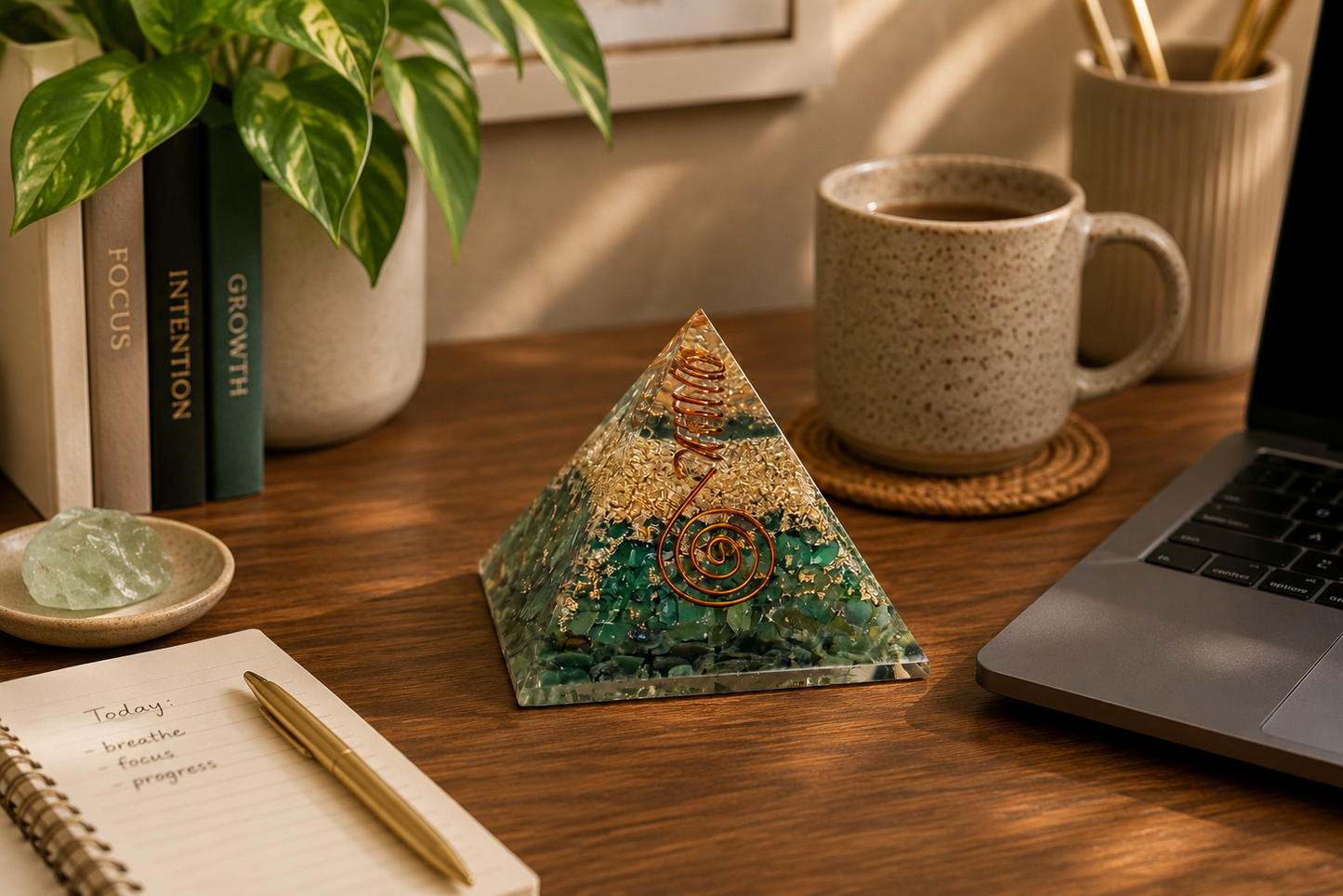 Green aventurine orgonite pyramid displayed on mindful workspace desk with notebook, plant, and warm natural lighting.