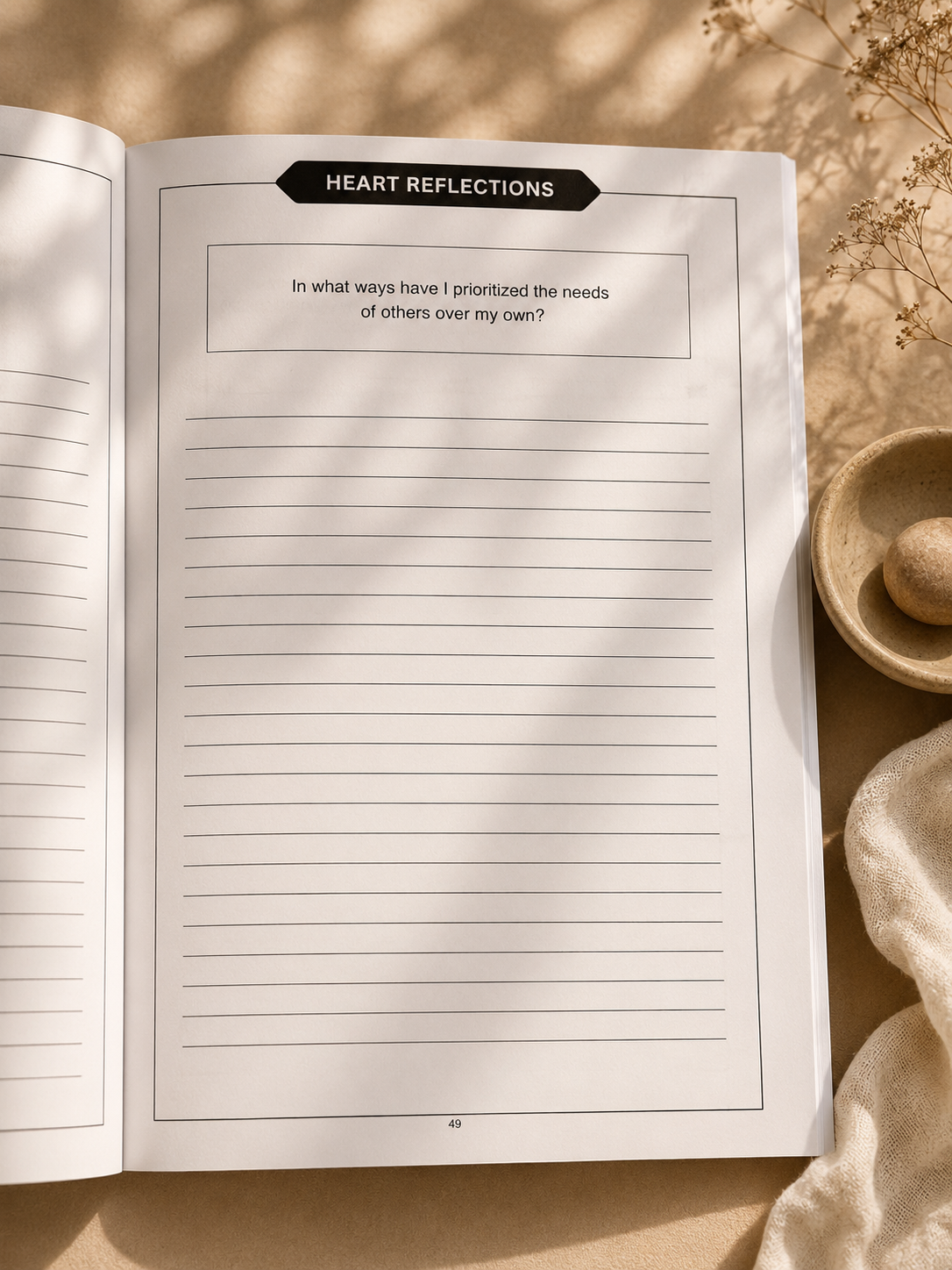 Heart Chakra guided reflection journal page displayed in peaceful neutral flat lay with minimalist wellness styling.