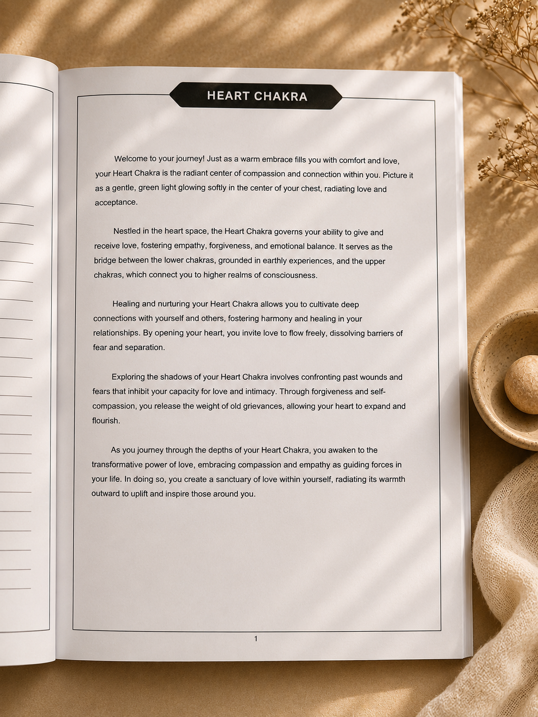 Heart Chakra healing informational journal page photographed in warm calming lifestyle setup with neutral tones and soft natural light.