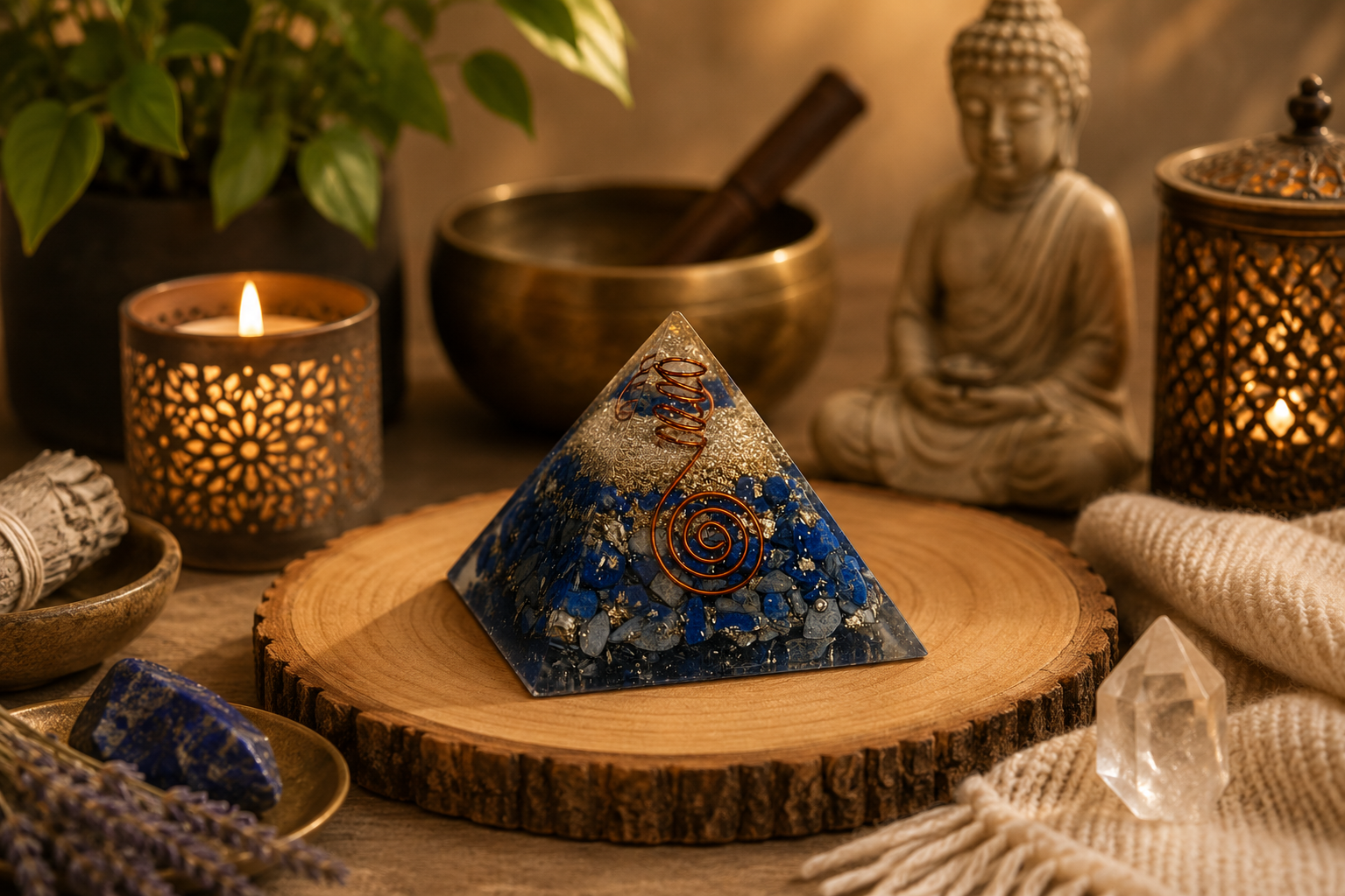 Lapis lazuli orgonite pyramid styled in warm meditation space with candles, crystals, and calming spiritual décor.