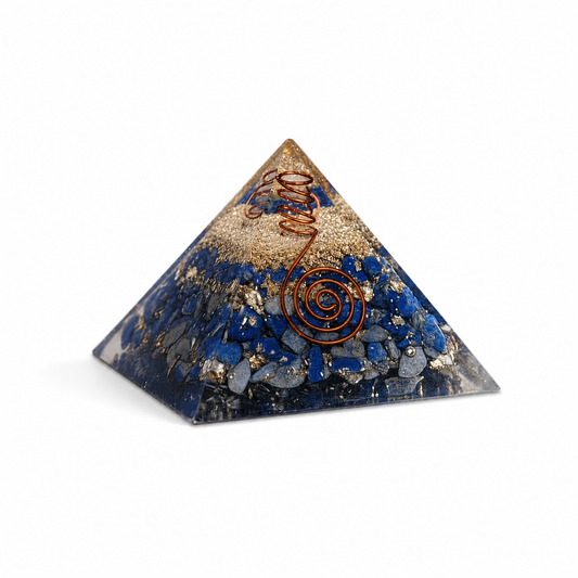 Lapis lazuli orgonite pyramid with copper spiral and crystal layers on clean white background by Journey of Atman.