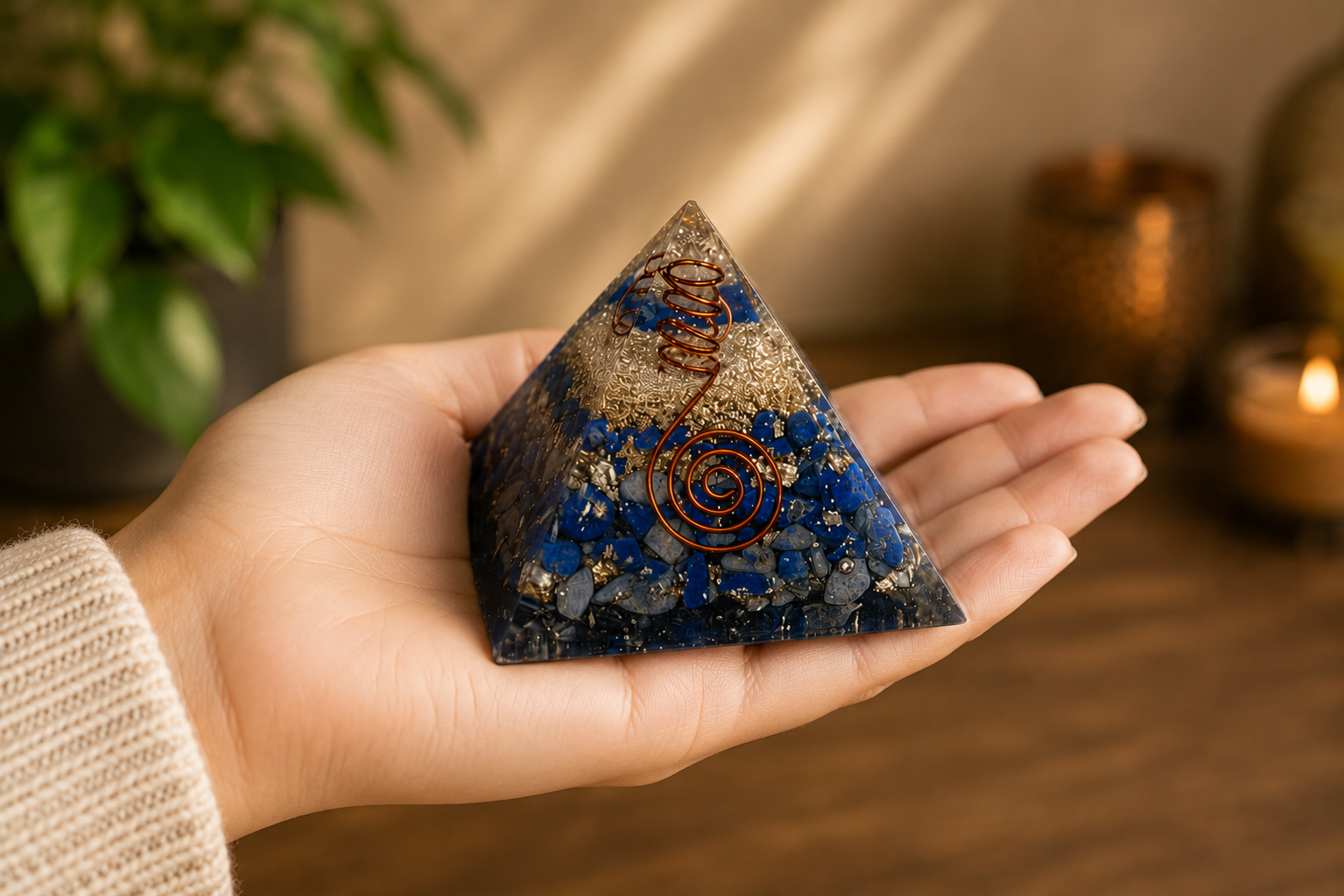 Hand holding lapis lazuli orgonite pyramid featuring copper spiral and crystal layers for size reference.
