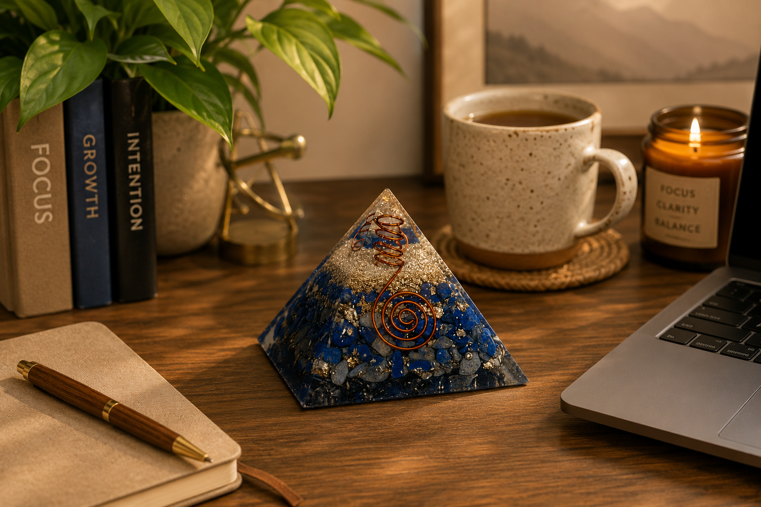 Lapis lazuli orgonite pyramid displayed on mindful workspace desk with notebook, plant, and warm natural lighting.