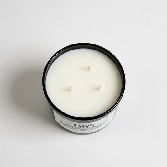 Love affirmation candle top view in black glass vessel with three wicks and minimalist label design – spiritual wellness candle by Journey of Atman