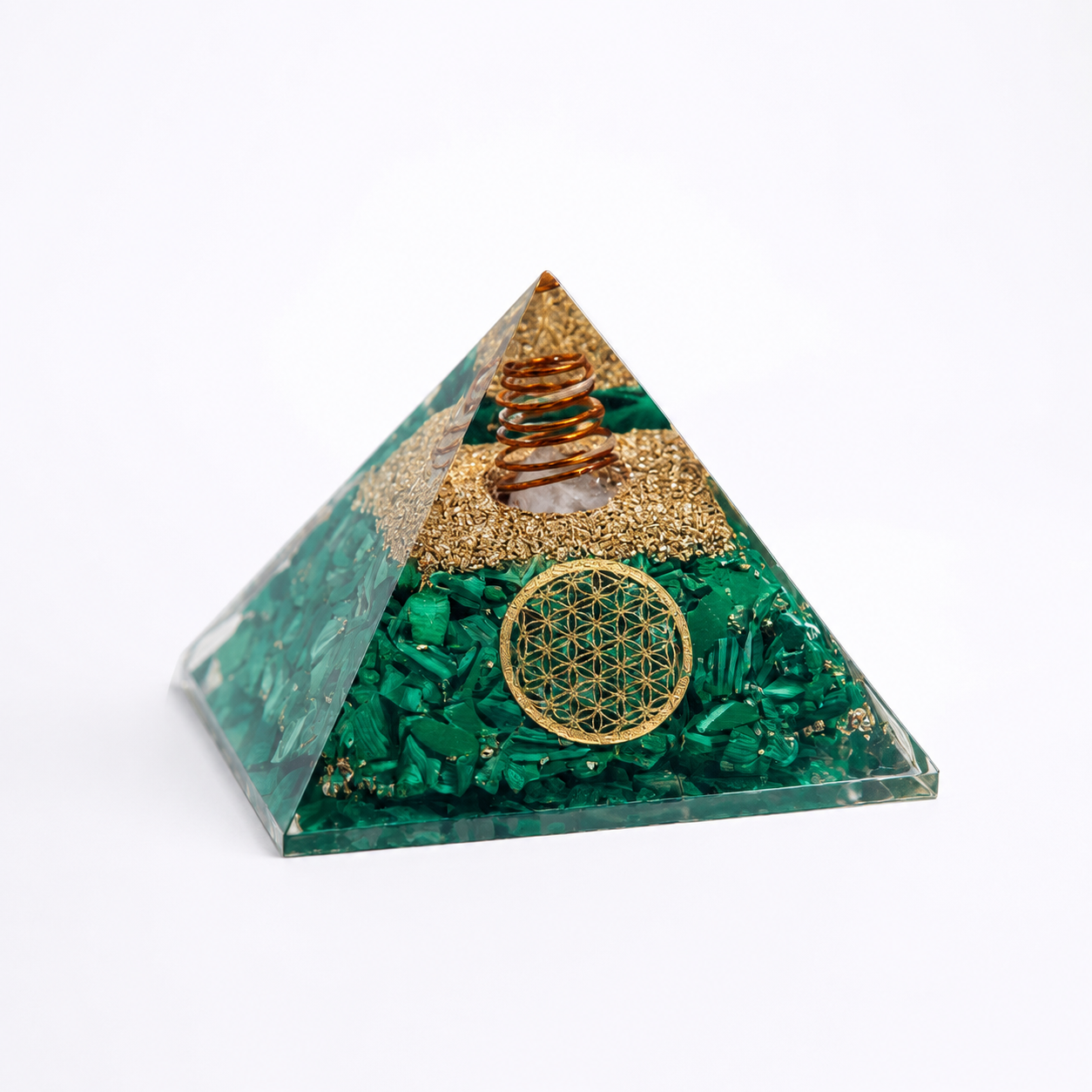 Malachite orgonite pyramid with copper spiral, crystal layers, and Flower of Life symbol on clean white background by Journey of Atman.