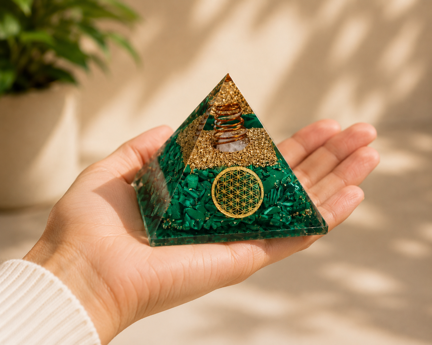 Hand holding malachite orgonite pyramid featuring copper spiral, crystal layers, and Flower of Life symbol for size reference.