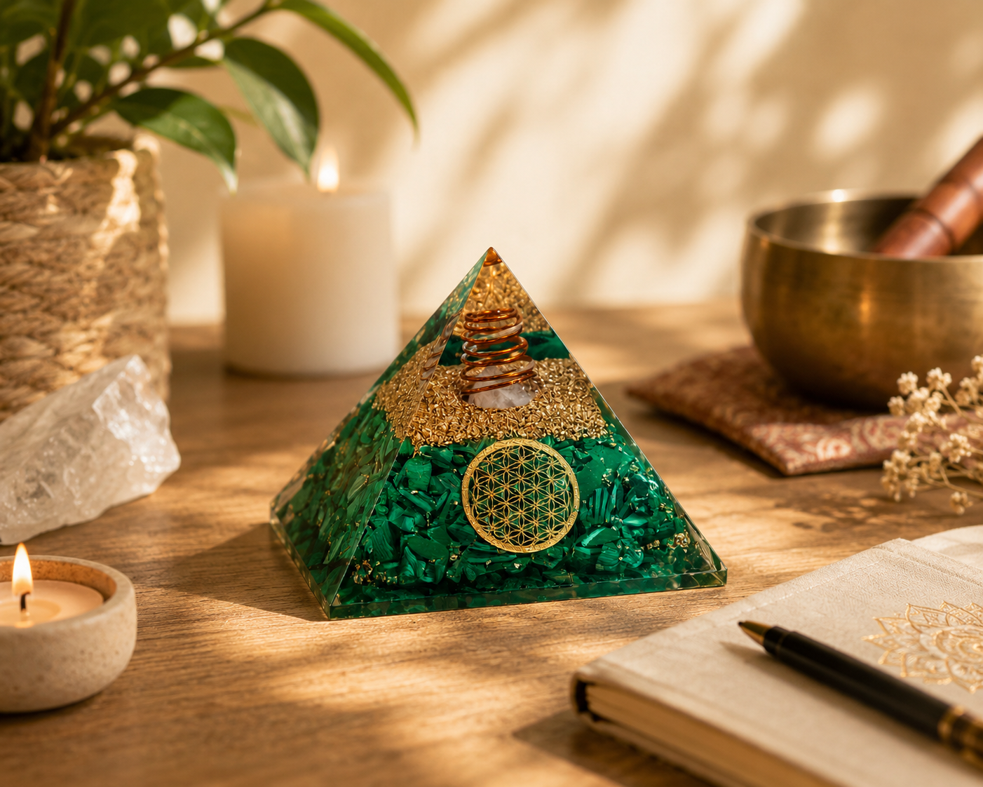Malachite orgonite pyramid styled in warm meditation space with candles, crystals, and calming spiritual décor.