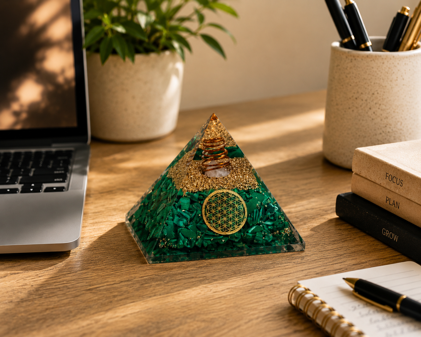Malachite orgonite pyramid displayed on mindful workspace desk with notebook, plant, and warm natural lighting.