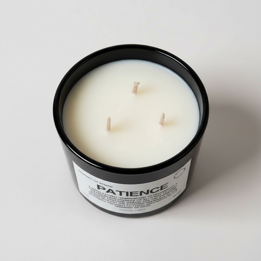 Patience affirmation candle top view in black glass vessel with three wicks and minimalist label design – spiritual wellness candle by Journey of Atman