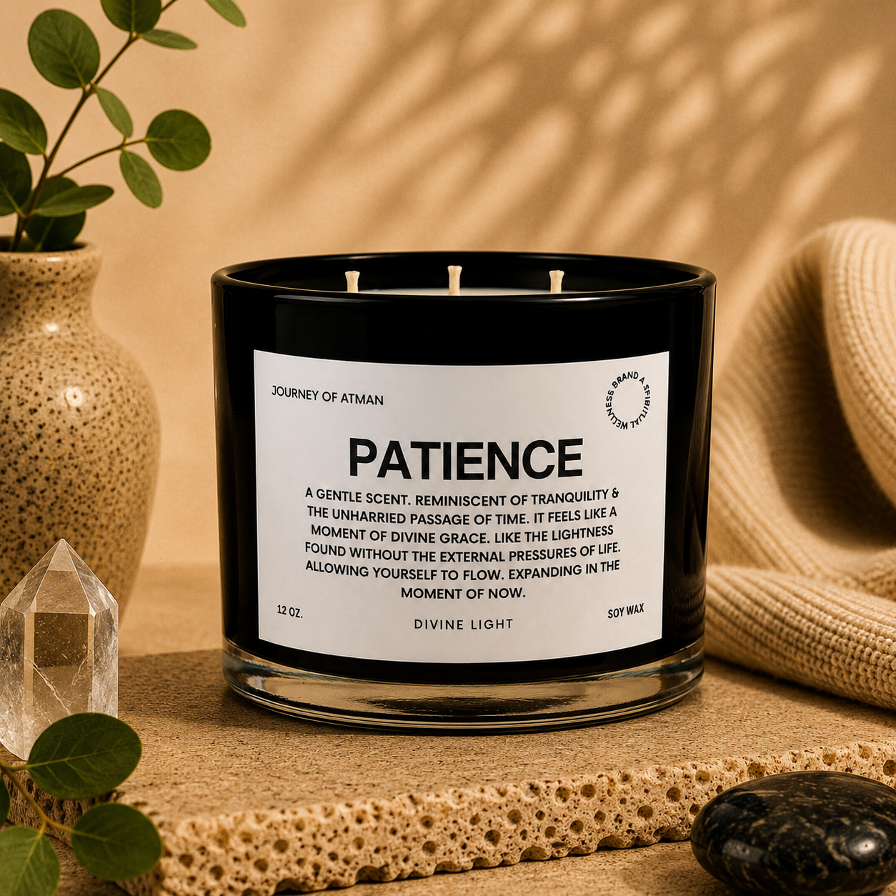 Patience affirmation candle in warm lifestyle setting with crystal, eucalyptus, and calming décor for mindfulness, trust, and emotional steadiness.