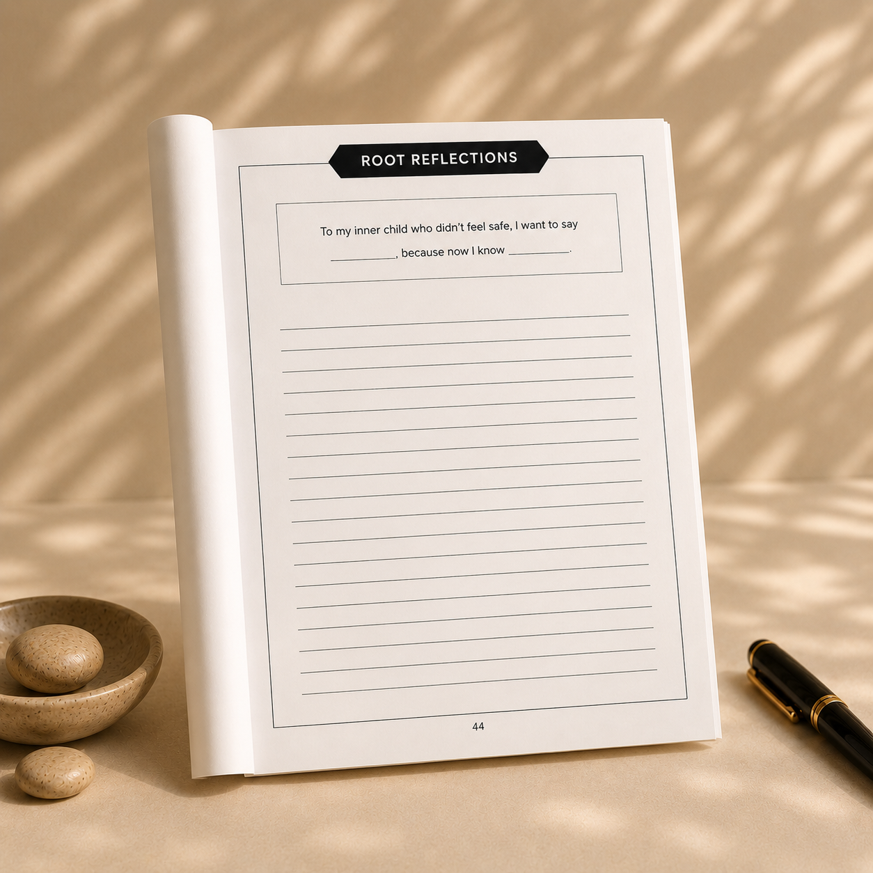 Root Chakra inner child reflection journal page displayed in a warm neutral lifestyle setting with soft natural lighting and calming minimalist decor.