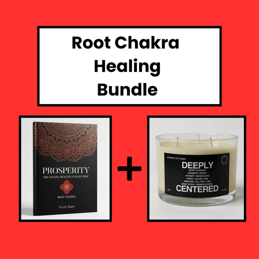 Root Chakra Healing Bundle with Deeply Centered Candle healing candle and Prosperity Shadow Work Journal for stability, balance, and abundance.