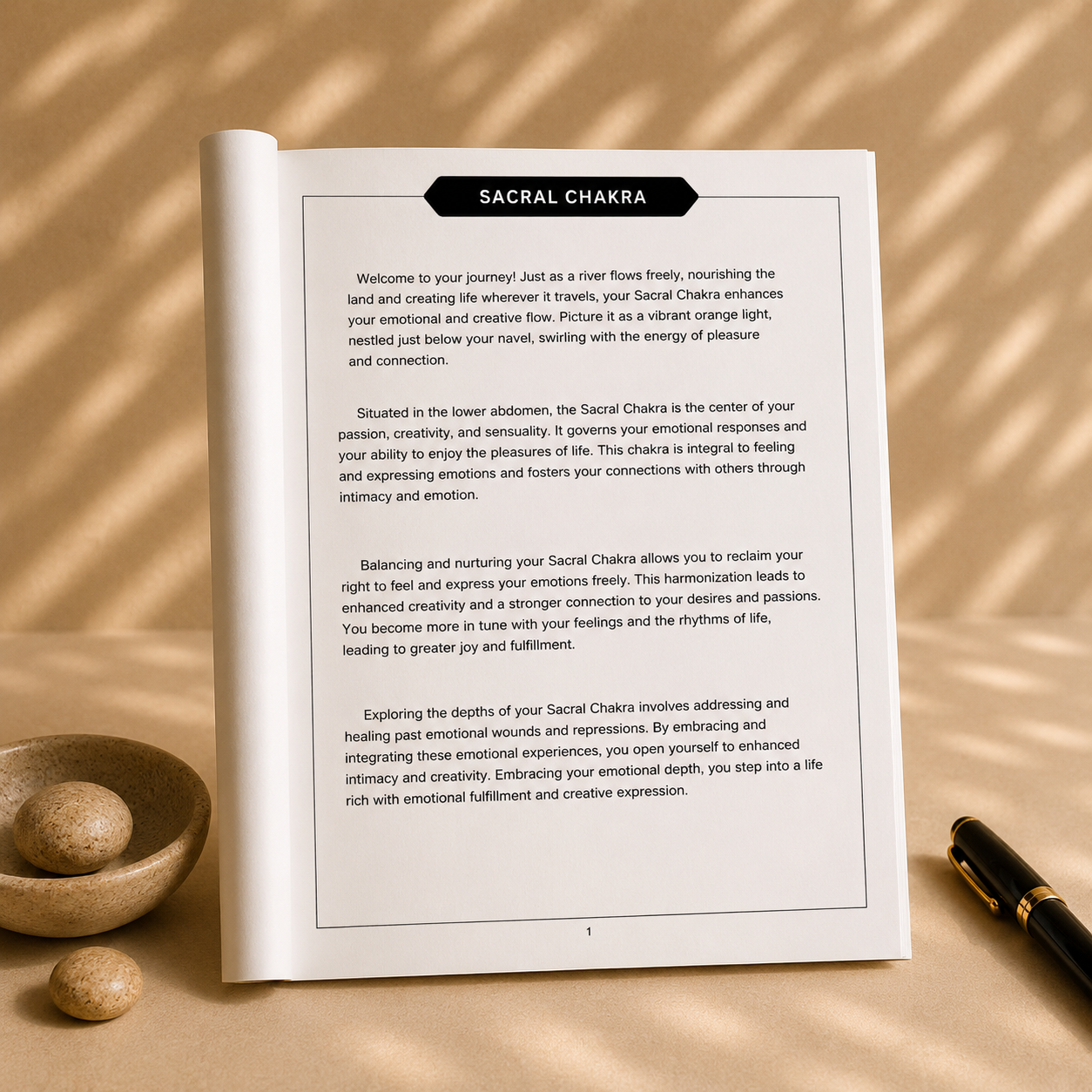 Open Sacral Chakra journal informational page photographed in soft neutral lifestyle setting with warm natural lighting and minimalist styling.