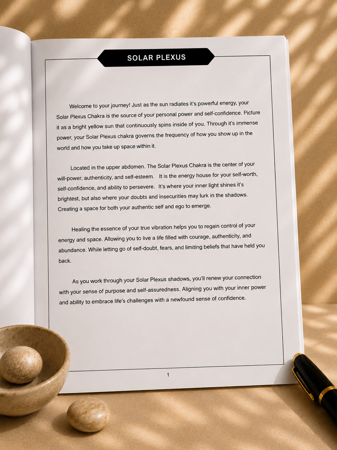Solar Plexus Chakra educational journal page styled in warm neutral flat lay with soft natural shadows and minimal decor.