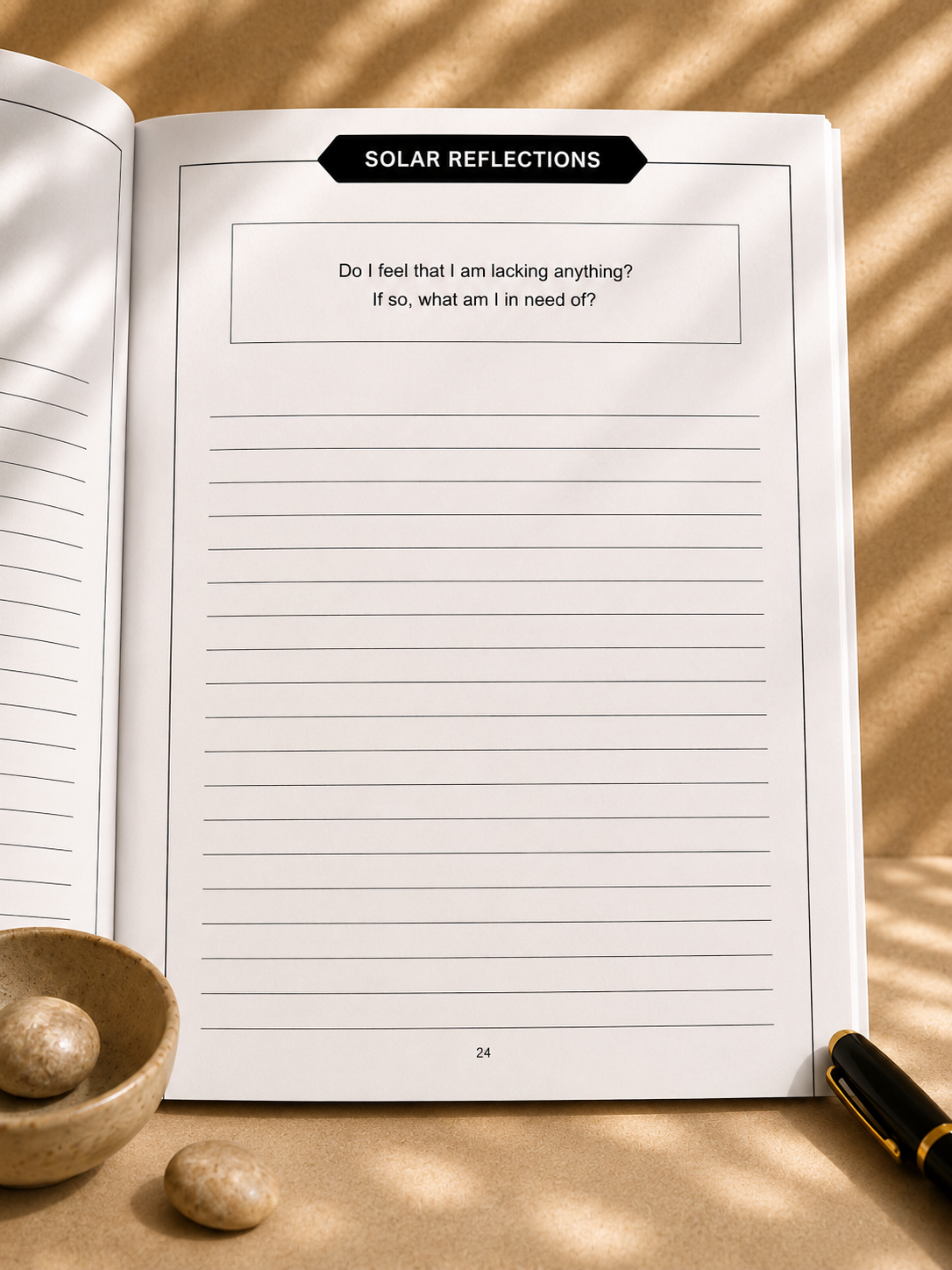 Solar Plexus reflection journal page with self-worth guided writing prompt in soft cream aesthetic lifestyle scene.