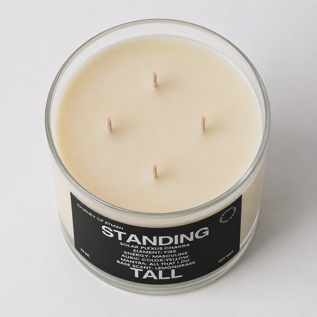 Standing Tall Solar Plexus Chakra healing candle top angled view, 3 wicks
