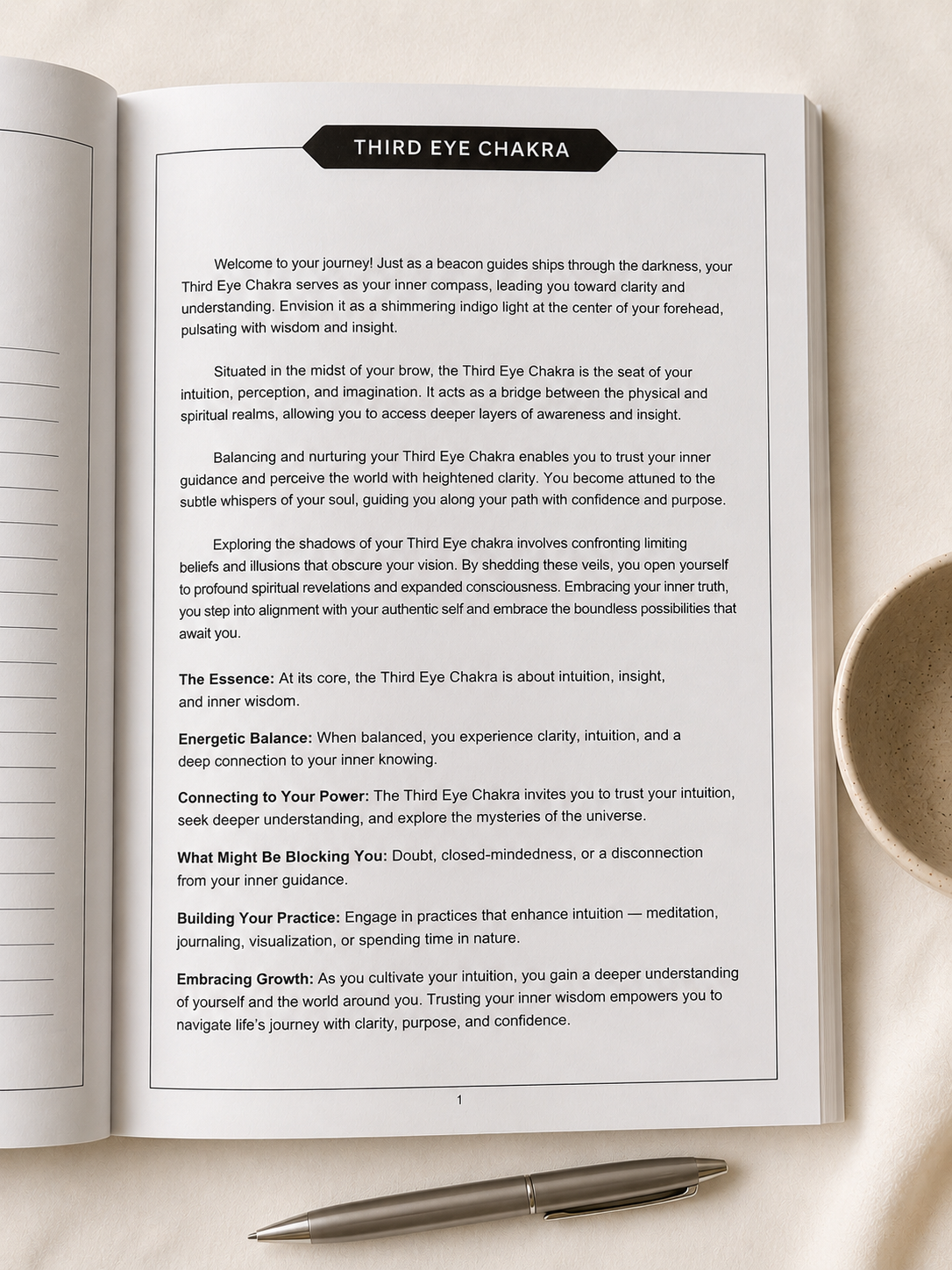 Third Eye Chakra educational journal page styled in warm neutral flat lay with soft lighting and mindful wellness aesthetic.