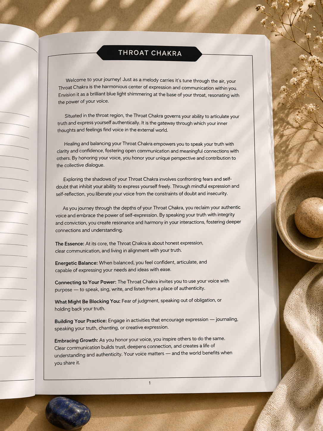 Throat Chakra informational journal spread styled in soft neutral lighting with clean calming aesthetic and reflective wellness atmosphere.