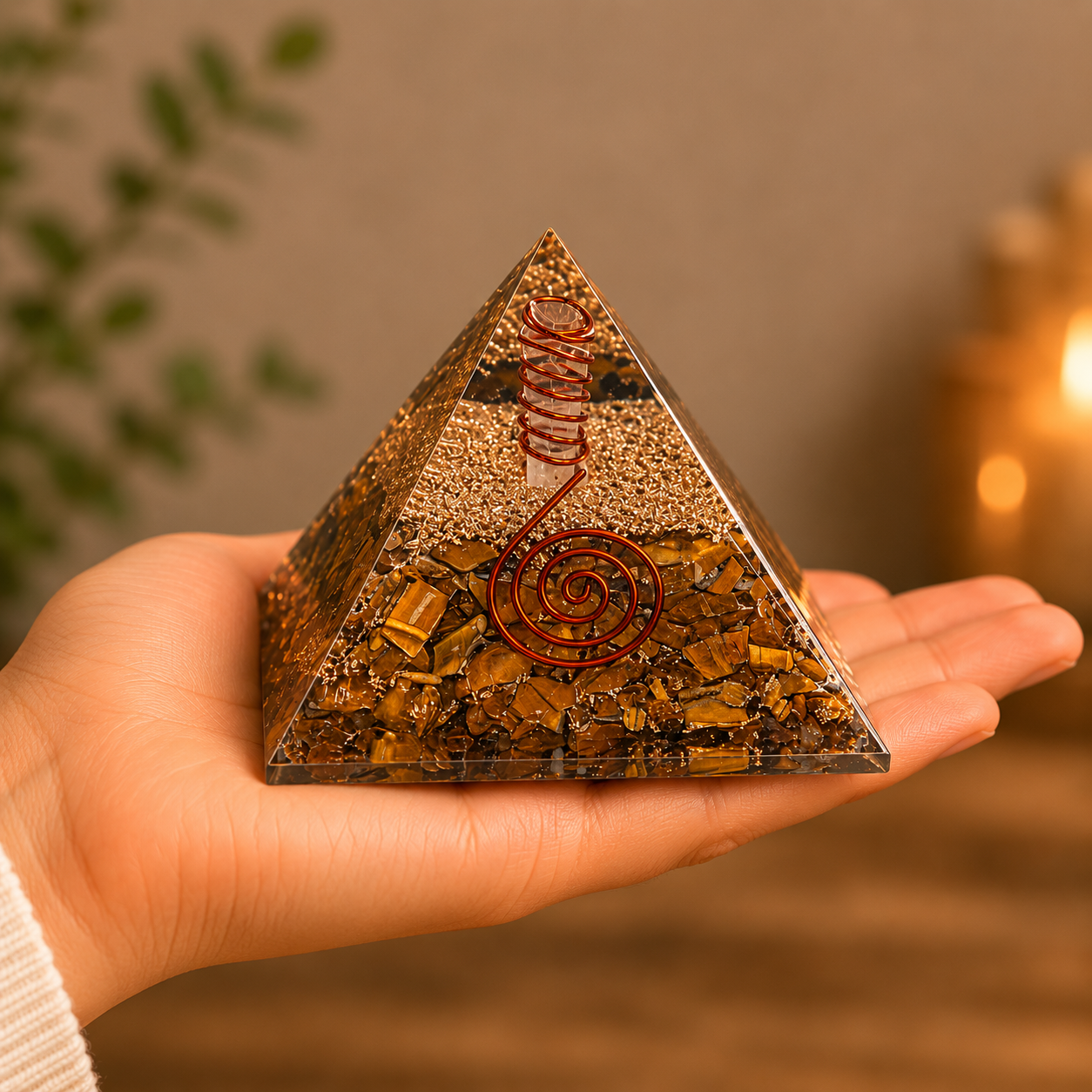 Hand holding tiger’s eye orgonite pyramid featuring copper spiral and crystal layers for size reference.