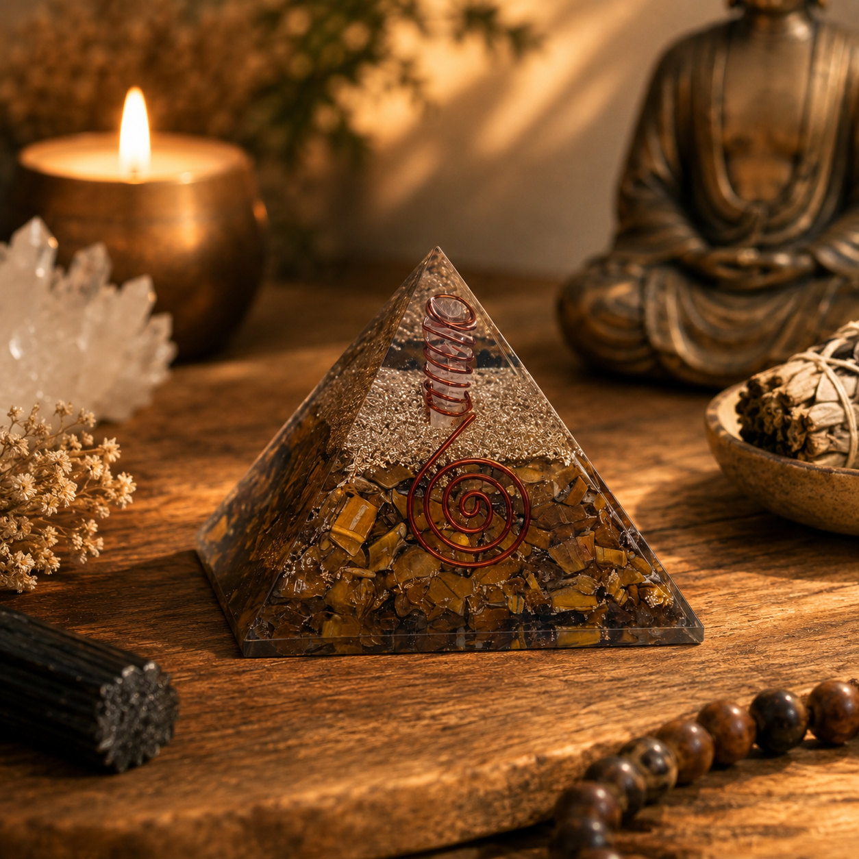 Tiger’s eye orgonite pyramid styled in warm meditation space with candles, crystals, and calming spiritual décor.