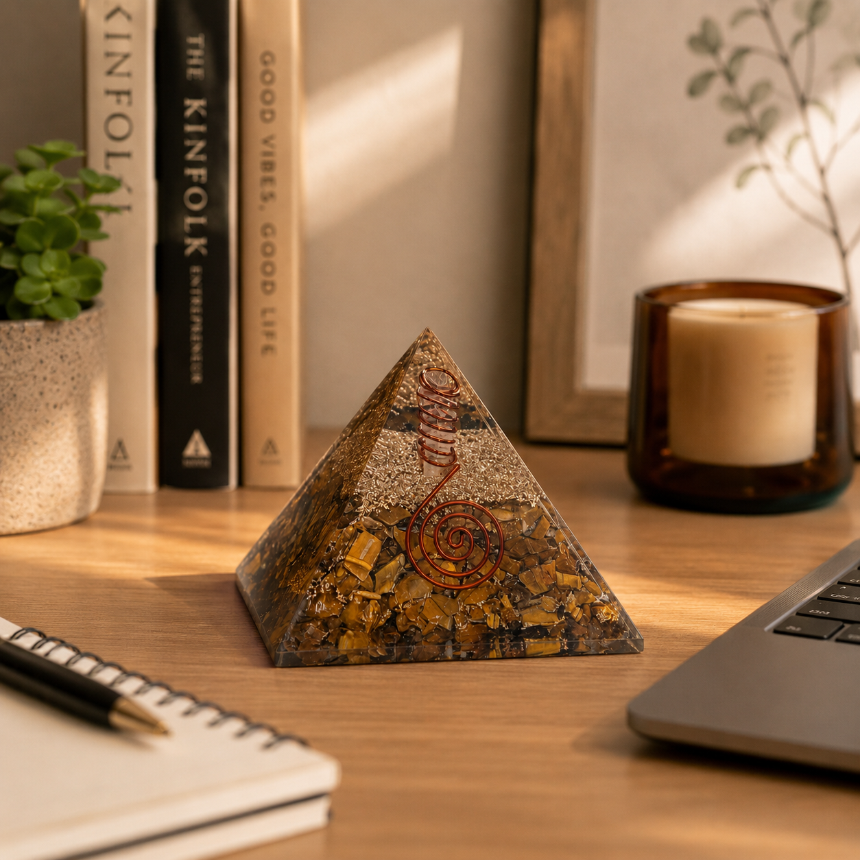 Tiger’s eye orgonite pyramid displayed on mindful workspace desk with notebook, plant, and warm natural lighting.