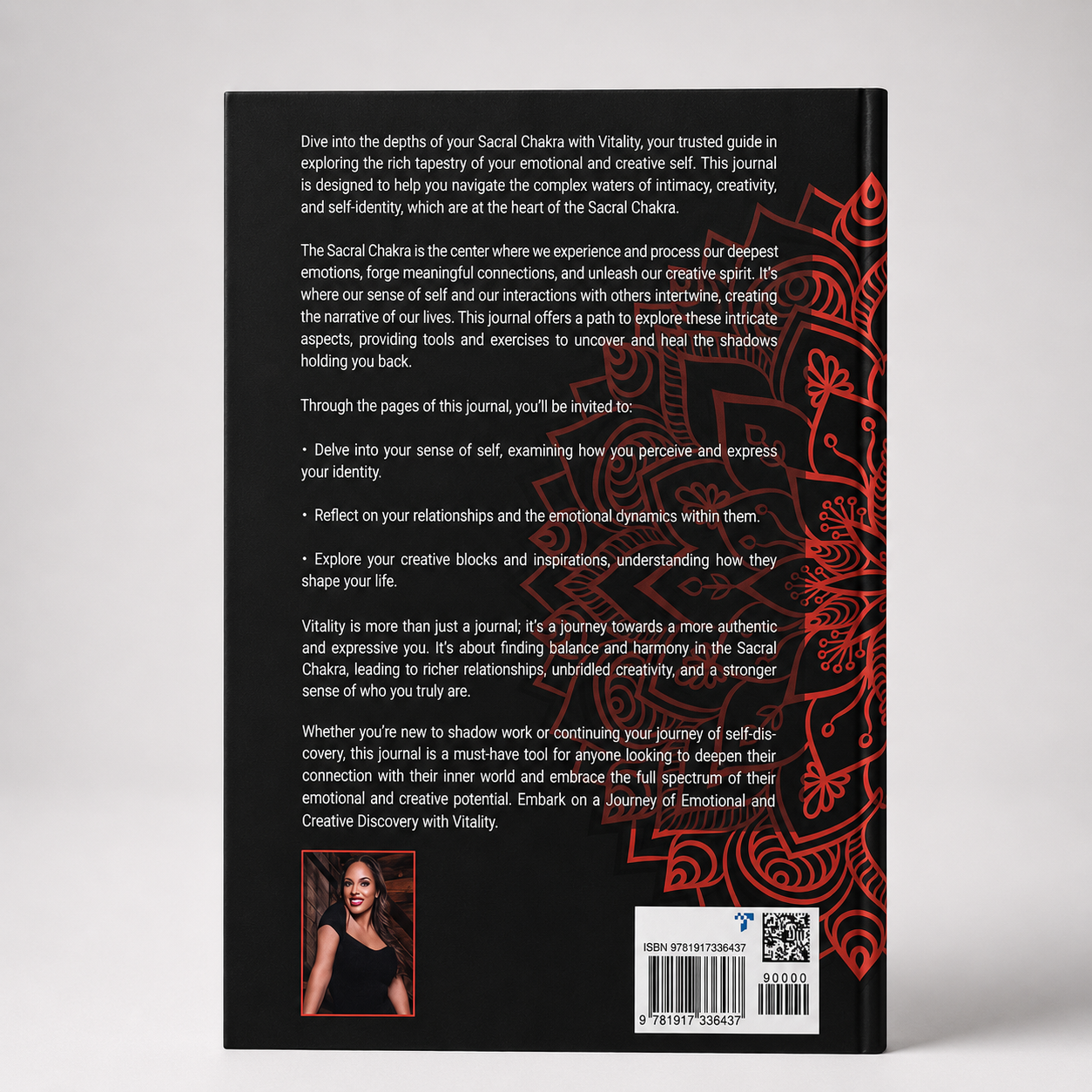 Back cover of the Vitality Sacral Chakra healing journal featuring creativity, emotional healing, and self-identity guidance, author photo, barcode, ISBN, and orange mandala artwork on a black background.